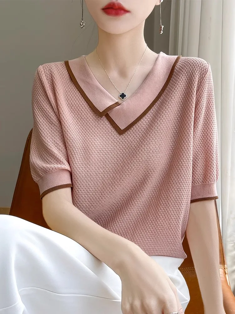 

Ele ort Sve Knitted irt for Women V-Ne Loose Fit Thin Summer Top Slimming Meat Covering T-irt Upper Body