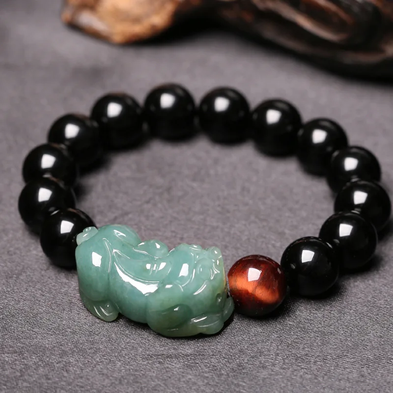 

Natural Obsidian Pixiu Bracelet Men Women Fine Jewelry Genuine Black Obsidian Crystals Myanmar Jadeite Pixiu Feng Shui Bracelets