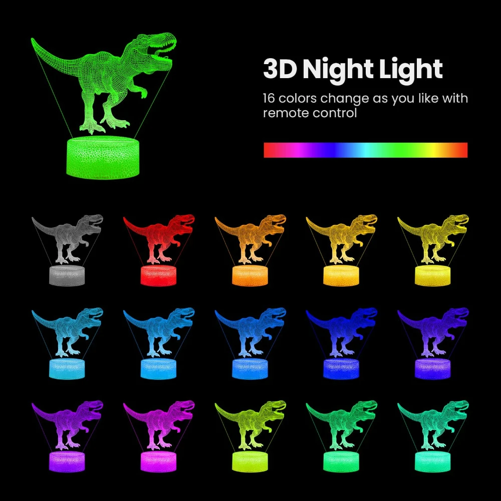 3d dinossauro lâmpada ilusão led luzes da noite para crianças decoração do quarto candeeiro de mesa 16 mudança cor nightlight presentes aniversário para meninos