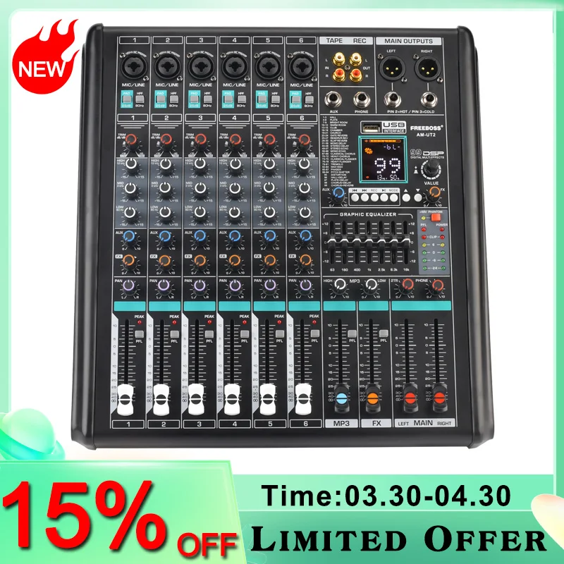 

FREEBOSS 6 Mono Channel Mixing Console Monitor Low Cut 99 DSP Effect PAD Bluetooth Audio Sound Mixer 7 Band EQ USB Record AM-UT2