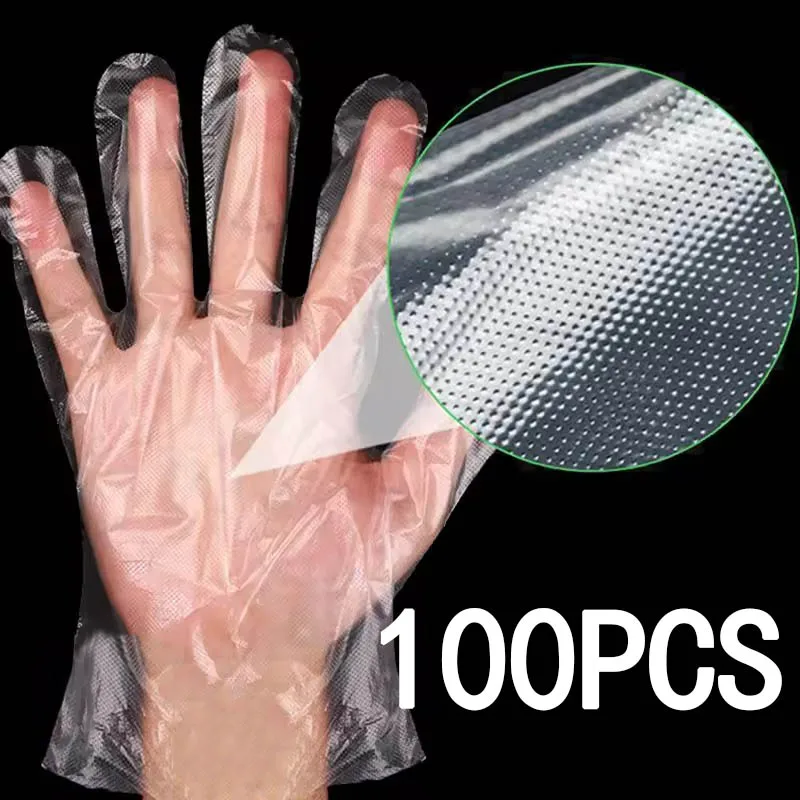 100PCS Disposable PE Gloves Plastic Transparent Gloves Restaurant BBQ Household Fried Chicken Pizza Kitchen Tableware