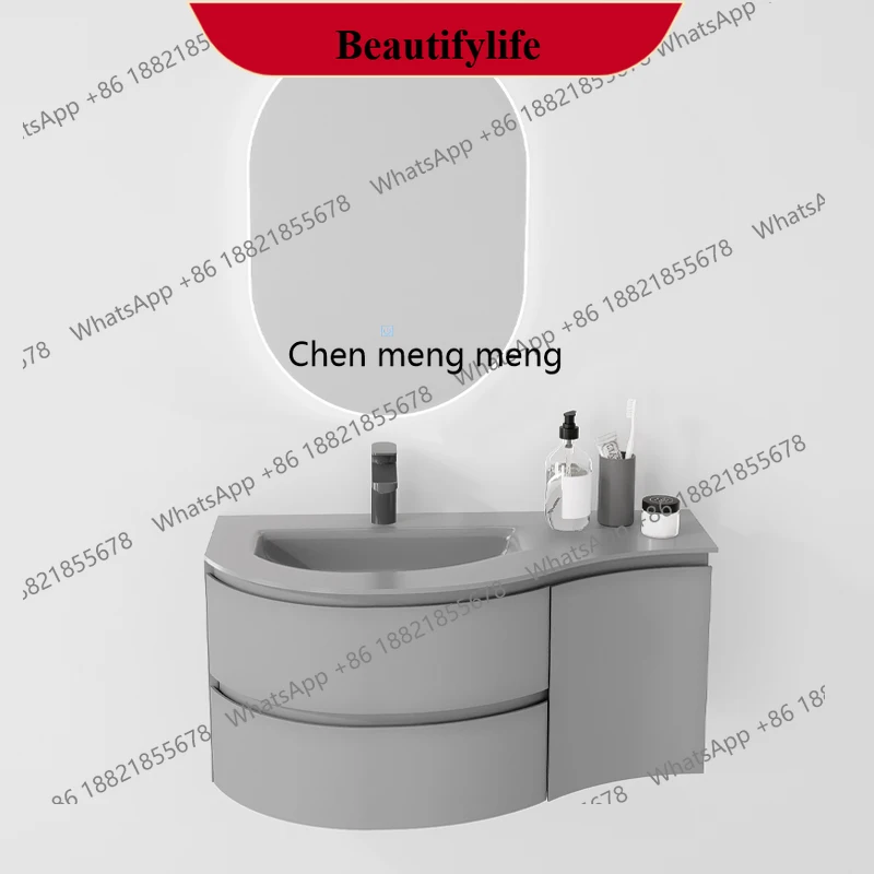 

E153 Arc bathroom cabinet hand wash basin solid wood paint wash cabinet tempered glass integrated basin