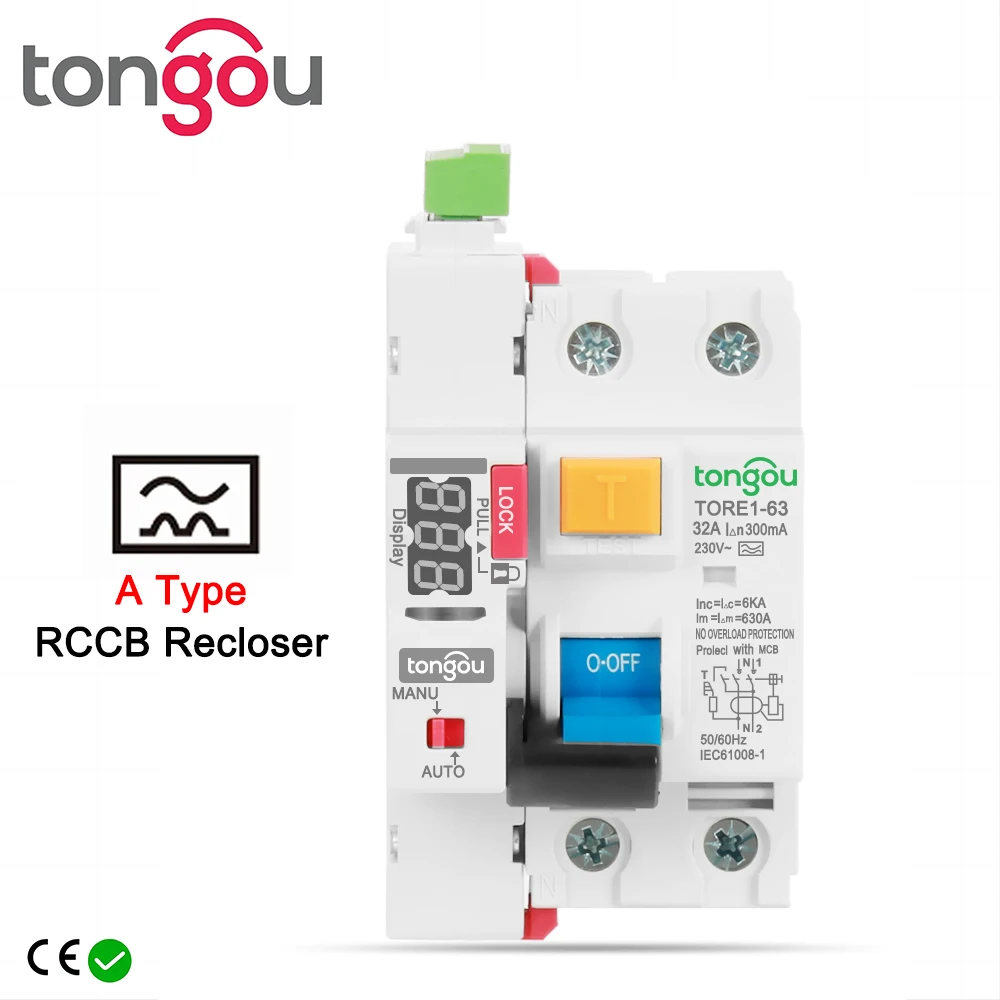 TONGOU Type A RCD LED Auto Recloser Modular Circuit Breaker 40A 63A 30mA 100mA 300mA Safety Switch 220V Leakage Circuit Breaker