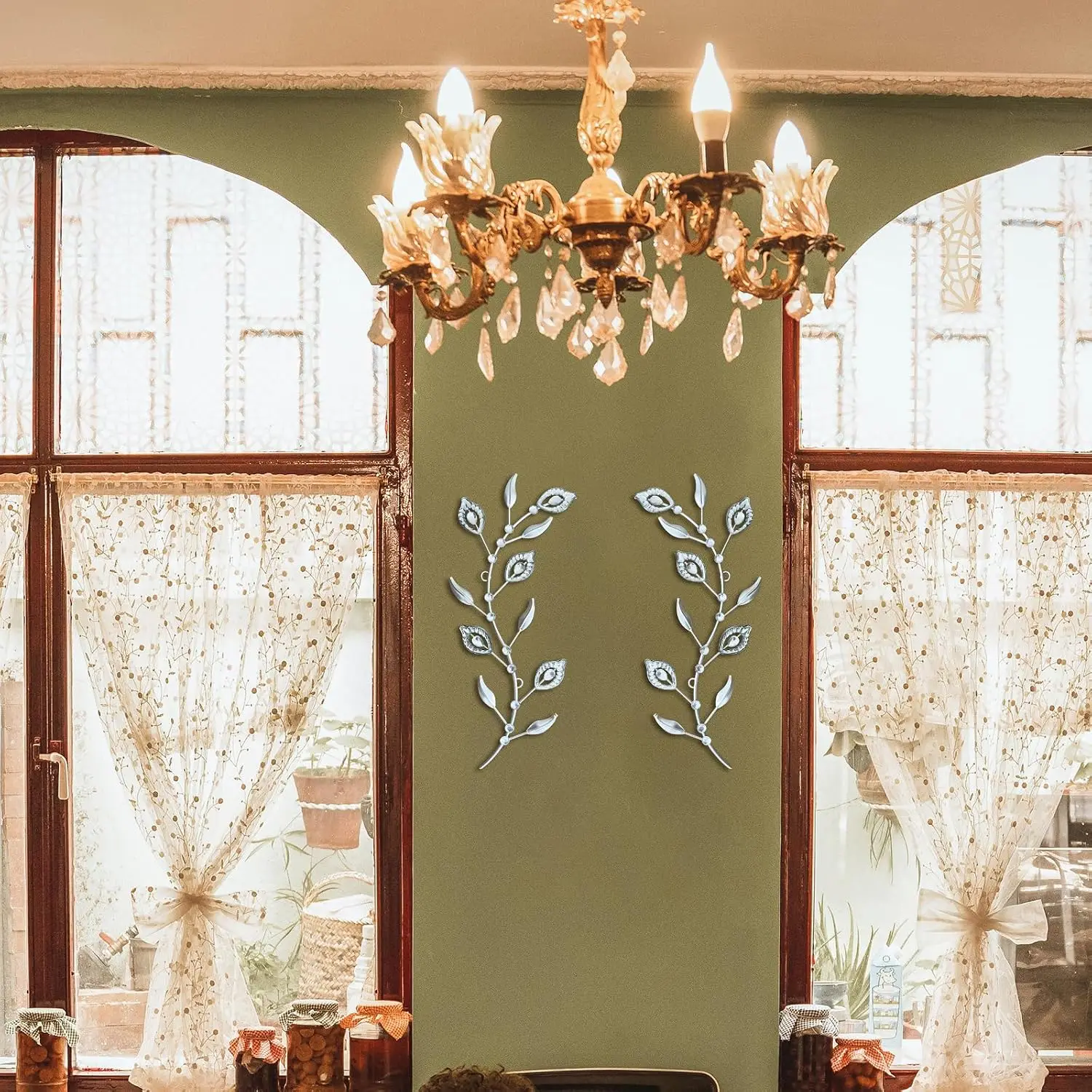 2 Set Metal Tree Leaf Wall Art for Home Decor Living Room Bedroom Dining Room Bling Rhinestone, 3D, Iron Branch, Customized