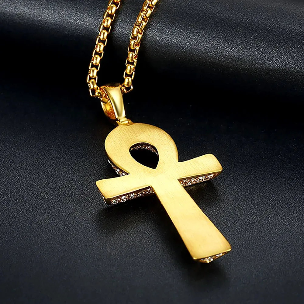 Ägyptischer Ankh Lebensschlüssel-Kreuzanhänger, zweifarbig plattiert, Hip-Hop-Bling-Anhänger für Herren und Damen, religiöses Accessoire, Schmuckgeschenk – Detail 4