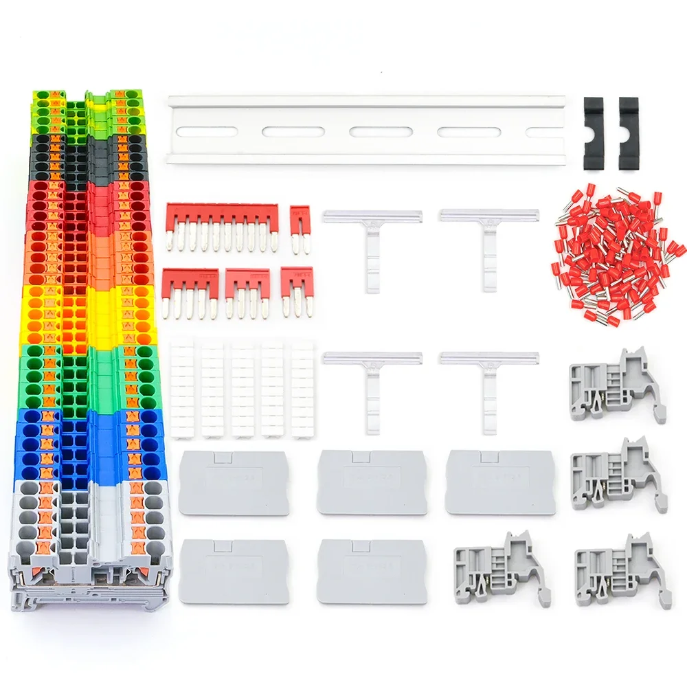 PT2.5 Din Rail Terminal Blocks Kit 12AWG Spring Contact End Cover Stop Jumper Bridge Marker Strip Ferrule Assembly Combined 1Set