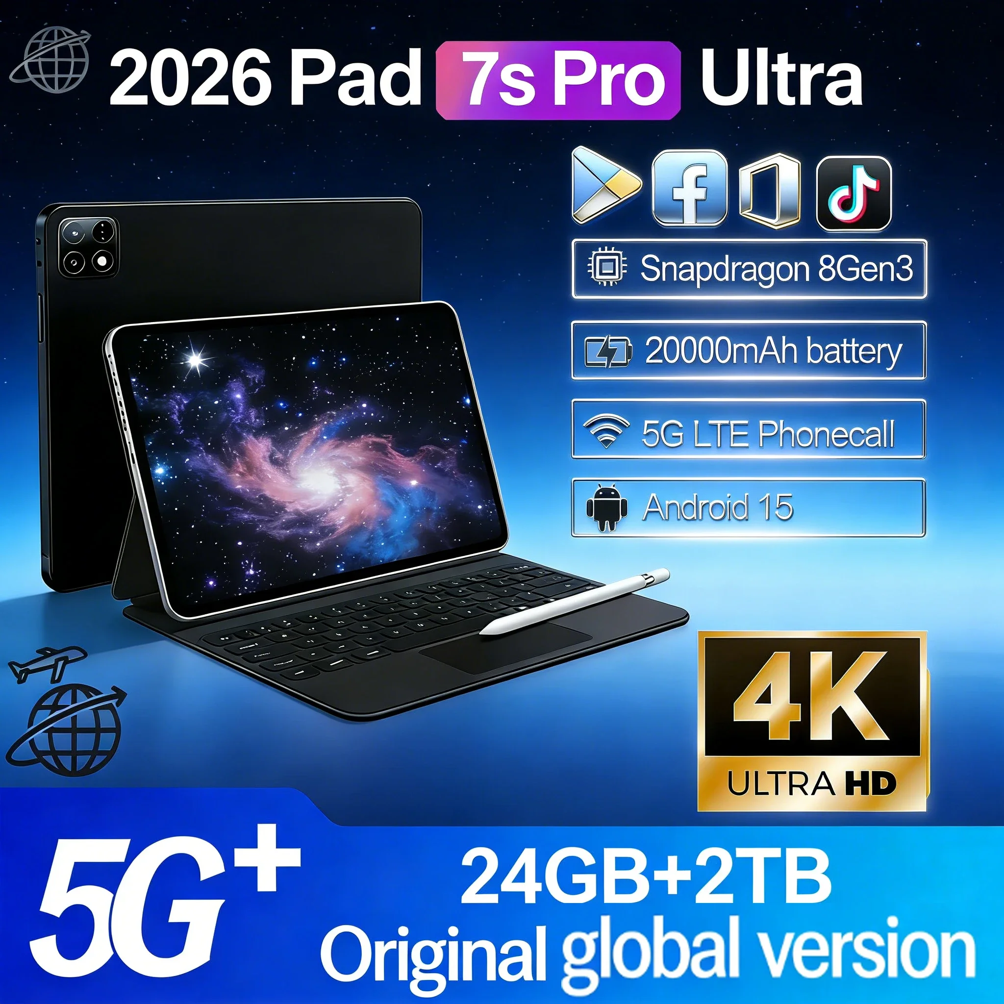 Nouvelle tablette PC originale 2026 Pad 7S Pro Ultra 5G 11 pouces Snapdragon 8 Gen 3 20000 mAh 4K HD 24 Go + 2 To Android 15 Double SIM WiFi GPS
