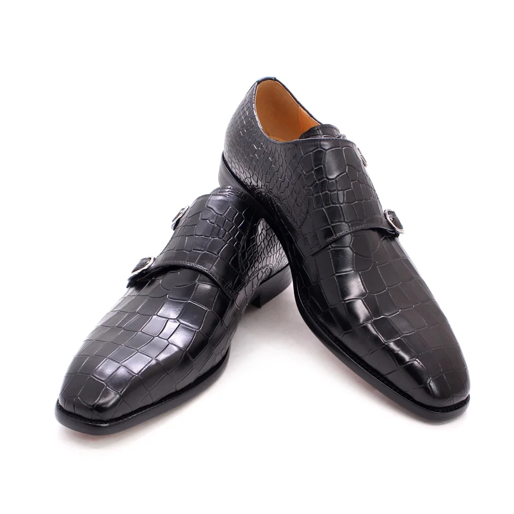 Men's Classic Elegant Black Leather Monk Shoes with Buckle Crocodile Pattern for Office Wedding and Party Dress - view 5