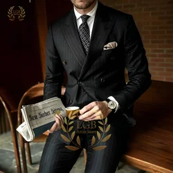 Premium Striped Men's Suit Slim Fit Fashion Lapel Double Breasted 2 Piece Suit Formal Business Casual Wedding Groom Tuxedo Suit