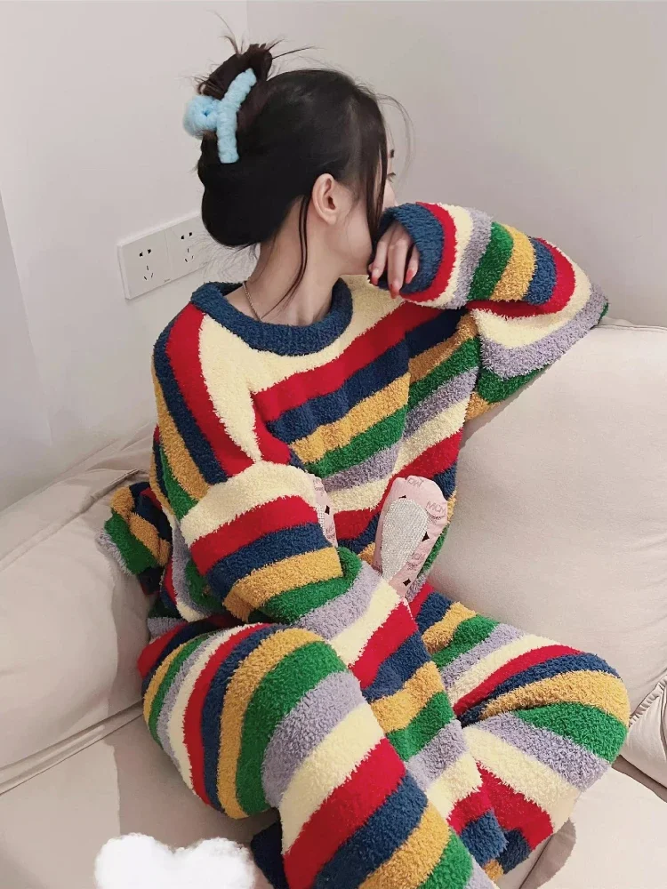 Instagram Red Contrast Color Striped Half Cashmere Pajamas Women Winter Thick Warm Soft Soft Home Wear Free Size Worn Outside