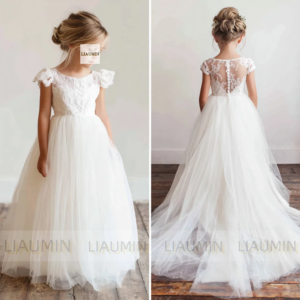 

Flower Girl Dresses Tulle Applique Cap Sleeve Wedding Brithday Princess First Communion Gown Pageant Skirt Customized W1.1.104