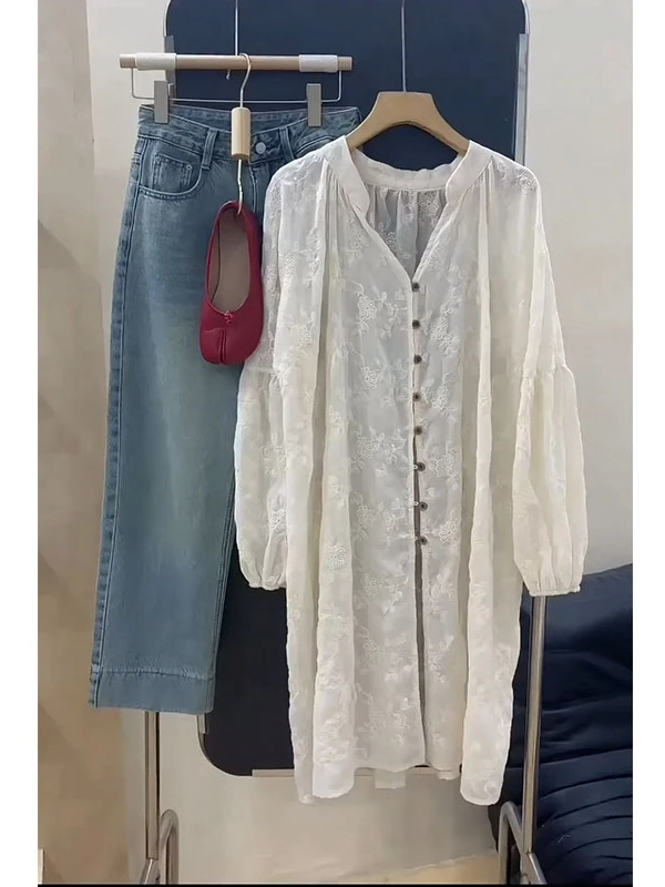 

Женская рубашка Ele White средней длины, красивая, модная, дышащая, с длинным рукавом, V-образным вырезом, на одной пуговице, повседневная