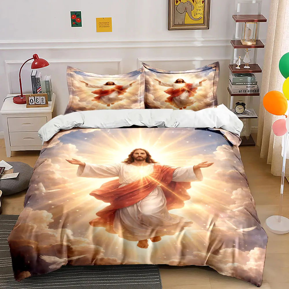 Jesus and the White Dove in the Clouds Print Bedding Set 1 Duvet Cover 2 Pillowcases for Adult and Children Luxury Gift