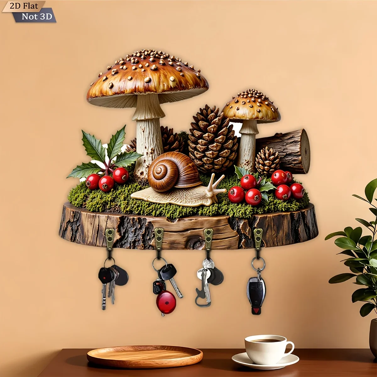 2D Flat, 1pc, Forest Snail Mushroom Theme Style Key Hook Wooden Multifunctional Home Key Holder with Four Metal Hooks, Wall