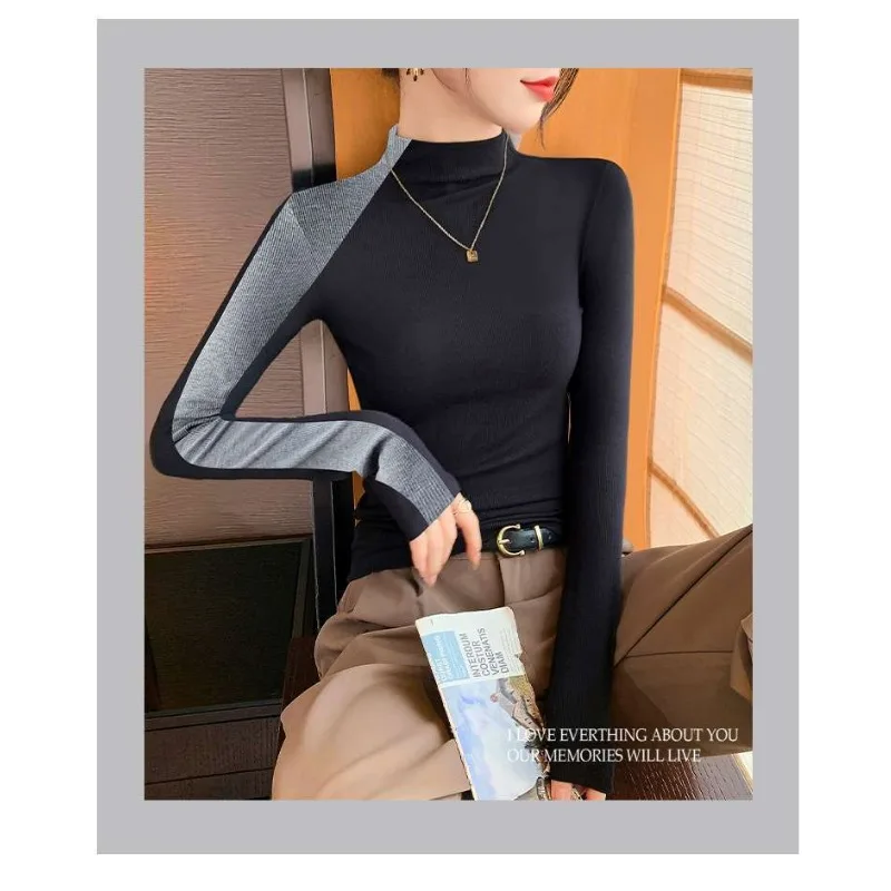 المرأة الجديدة نصف الياقة المدورة قاع قميص الخريف الشتاء بأكمام طويلة سليم المناسب المرقعة الأعلى #3