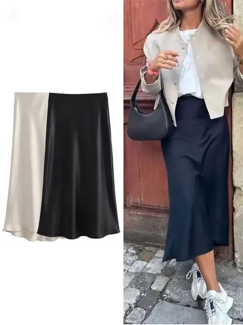 Elegancka długa spódnica damska z satyny, szykowna spódnica Y2K z wysokim stanem, dopasowana spódnica damska, modna spódnica midi z jedwabną teksturą, obcisła spódnica damska.
