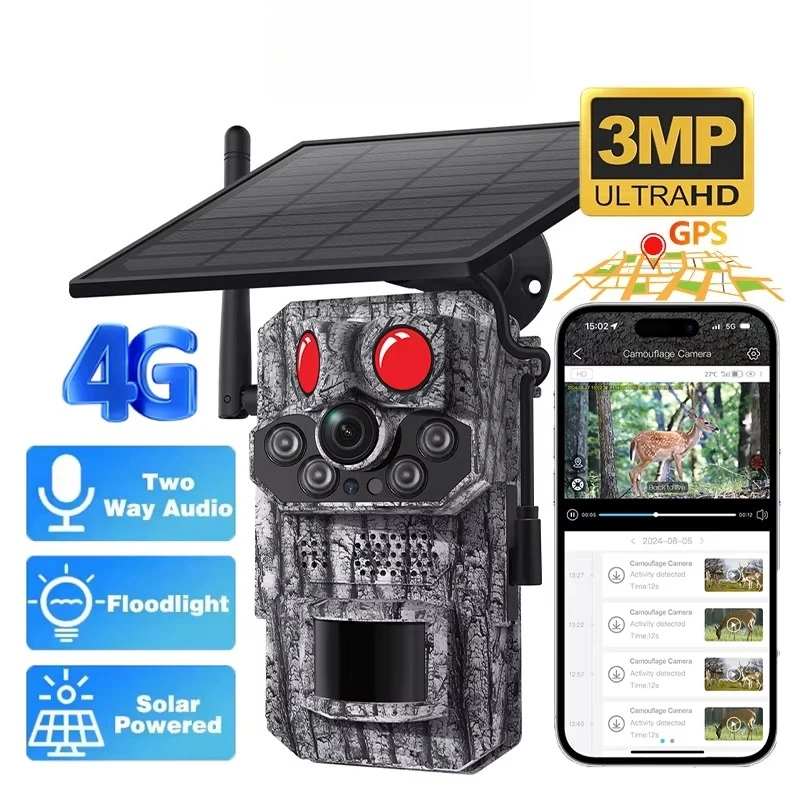

Wistino 3MP Outdoor 4G Solar Alarm Camera Motion Detection Triple PIR Night Vision Full Color IP66 Waterproof Trail Camera 4G