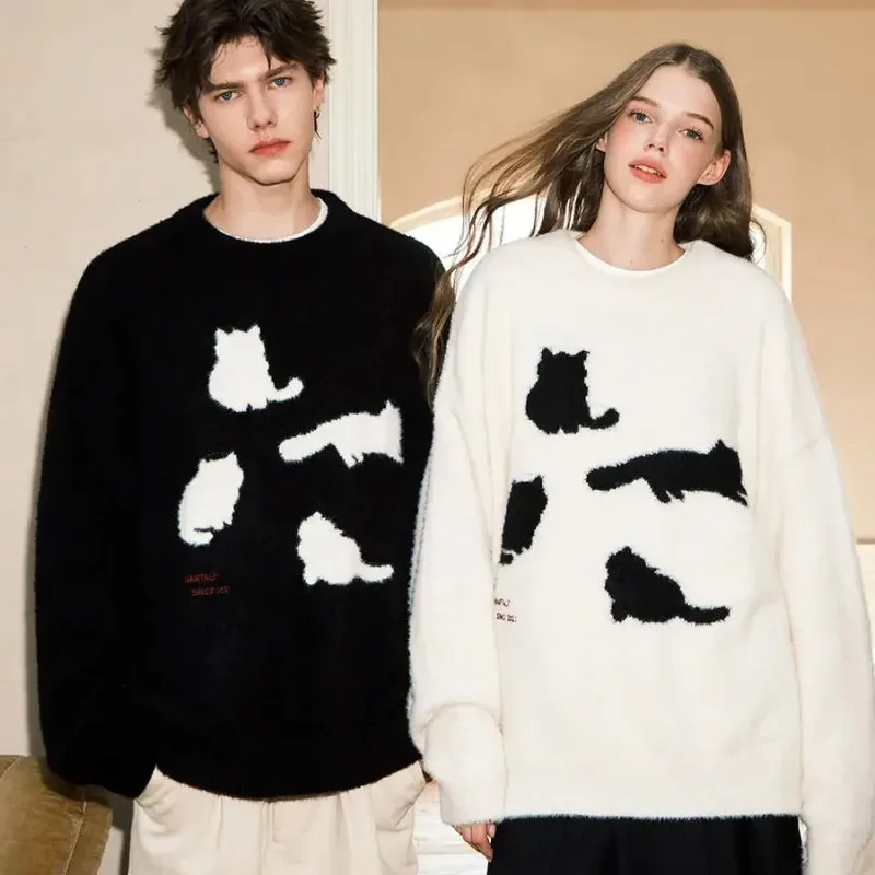 

Thicken Knitted Sweater Men Women Autumn Winter Fashion Brand Cat Pullovers Male Retro Loose Couple Sweaters Y2k Unisex Clothing