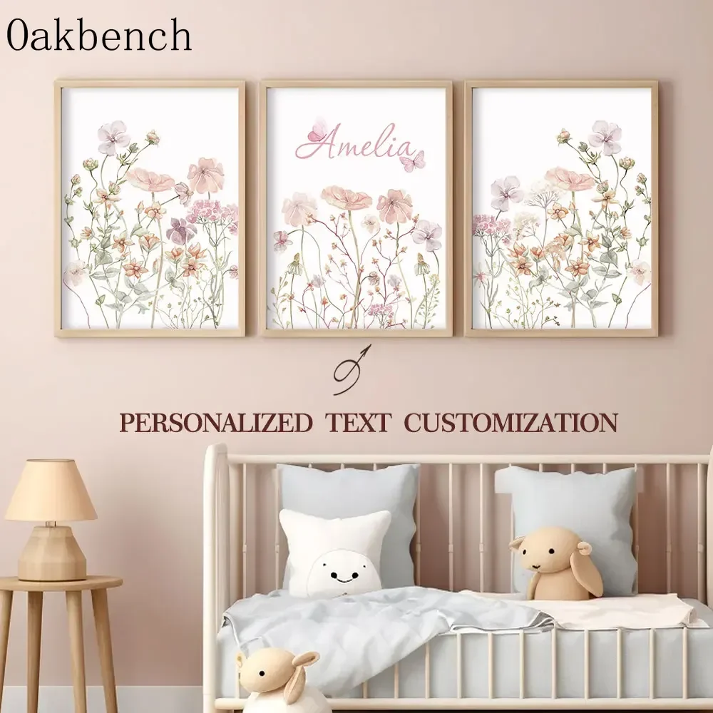 Custom Name Art Poster Personalized Pink Flowers Canvas Poster Kindergarten Decoration Poster Baby Girls Bedroom Decor No Frame