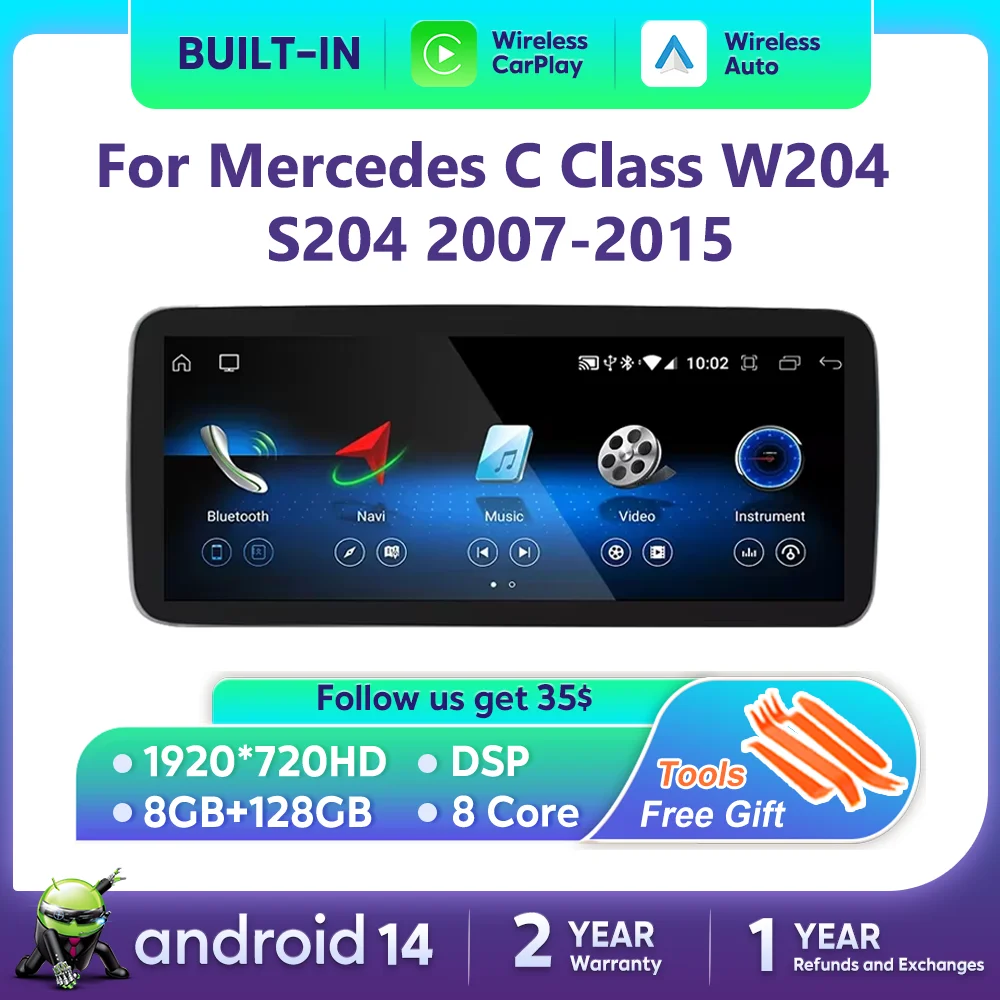 

Автомобильный радиоприемник на Android 14 для Mercedes Benz C Class W204 S204 2007-2015, Беспроводной мультимедийный плеер для CarPlay, навигация GPS, стерео