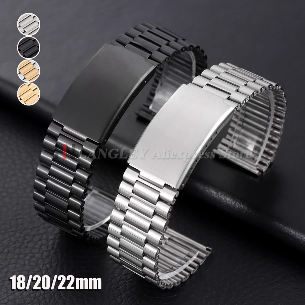 Massives Edelstahl-Armband, silberfarben, goldfarben, 18 mm, 20 mm, 22 mm, Metall-Doppelverschluss für Herren und Damen, Ersatzarmband