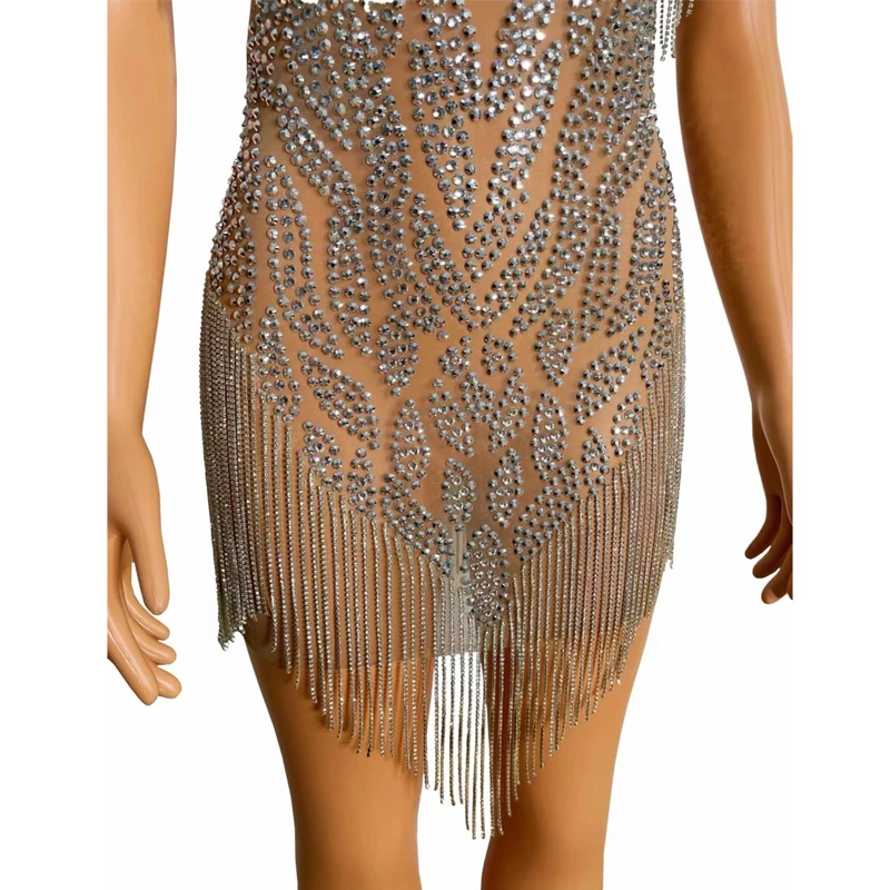 Kostium do jazzu dla grupy kobiet, seksowna sukienka z siateczki, zdobiona cyrkoniami i frędzlami, sukienka na imprezę do baru, klubu nocnego, kostium do tańca jazzowego na scenę XS10428