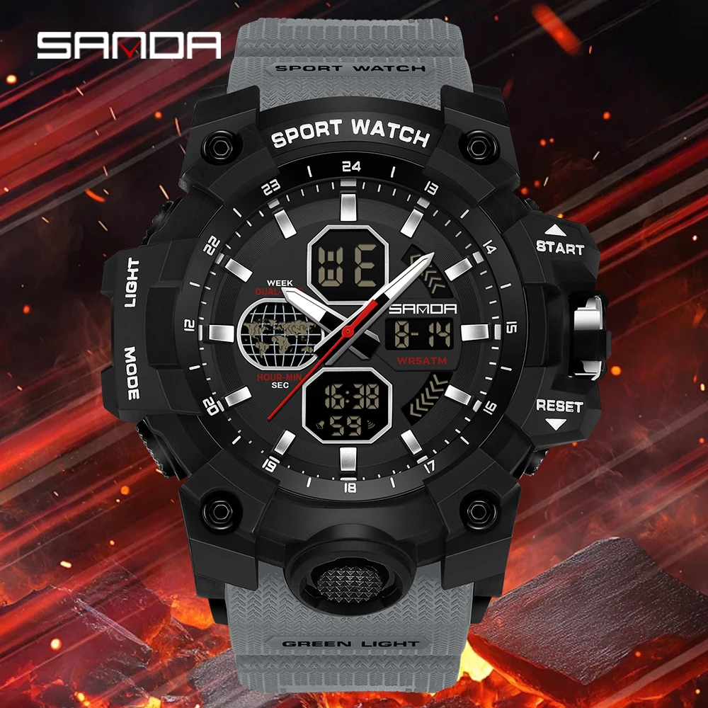 

SANDA 2026 Sport Multi functional Men's Watch Luxury TPU Strap Double hour Night Light Chronograph Date Waterproof Outdoor Watch