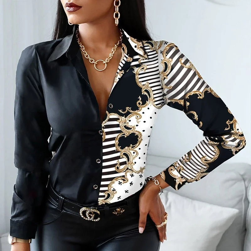 Vintage Print Blouses Striped Floral Leopard Shirts Office Lady Print Blouse Spring Fashion Button Long Sleeve Women Tops 18972