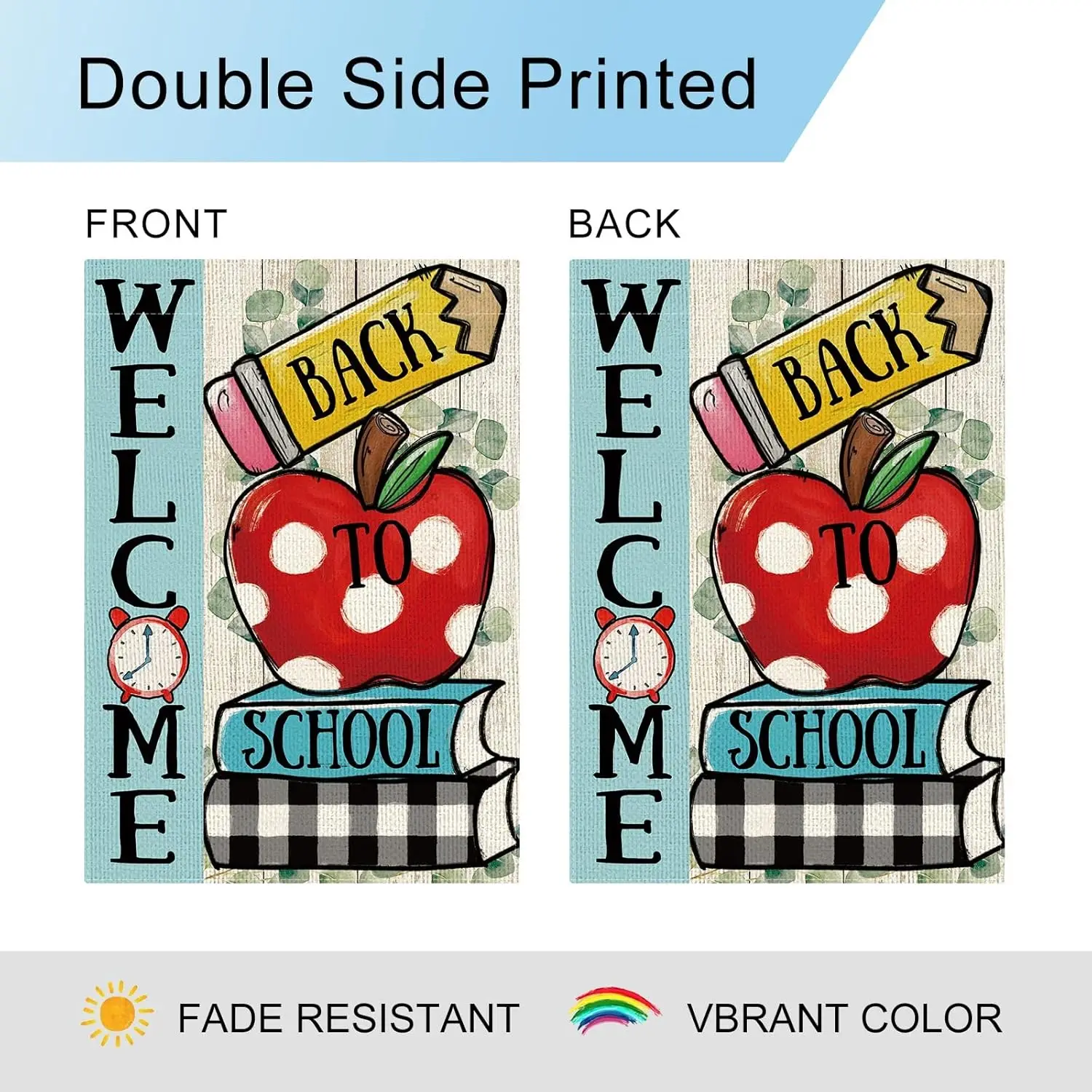 DLZDN العودة إلى المدرسة حديقة العلم أبل كتاب المدرسة اليوم الأول حديقة العلم 12x18 بوصة عمودي مزدوج الوجهين ريفي ترحيب بعيدا FFI