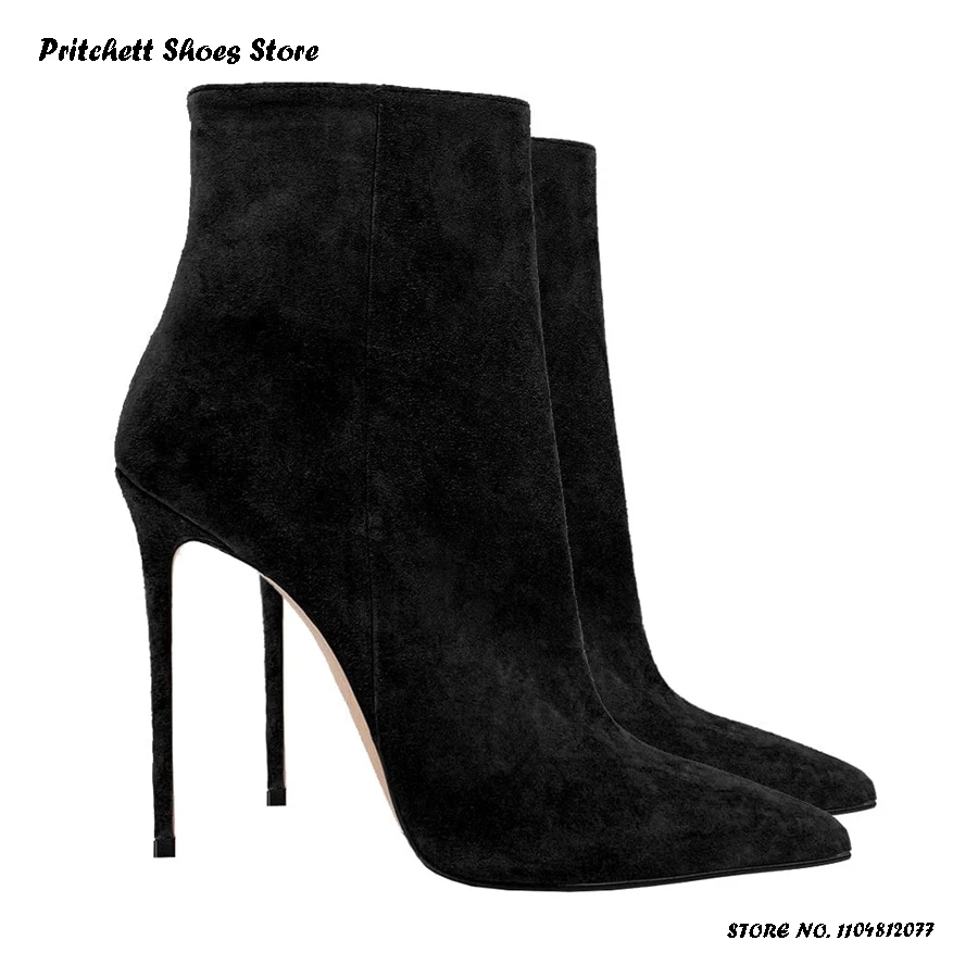 Women's Concise Faux Suede Booties Spring Autumn Side Zipper Plus Size Trending Shoes Solid Pointed Toe Thin Heels Ankle Boots