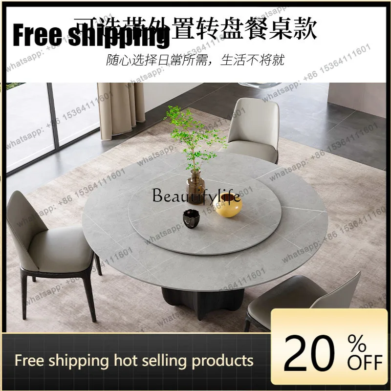 HJ Italian rock slab dining table round table with turntable solid wood round gray