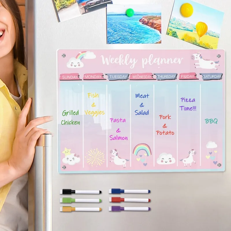 Cartoon Magnetic Acrylic Weekly Planner Message Board with Erasable Magnetic Fridge Sticker Whiteboard