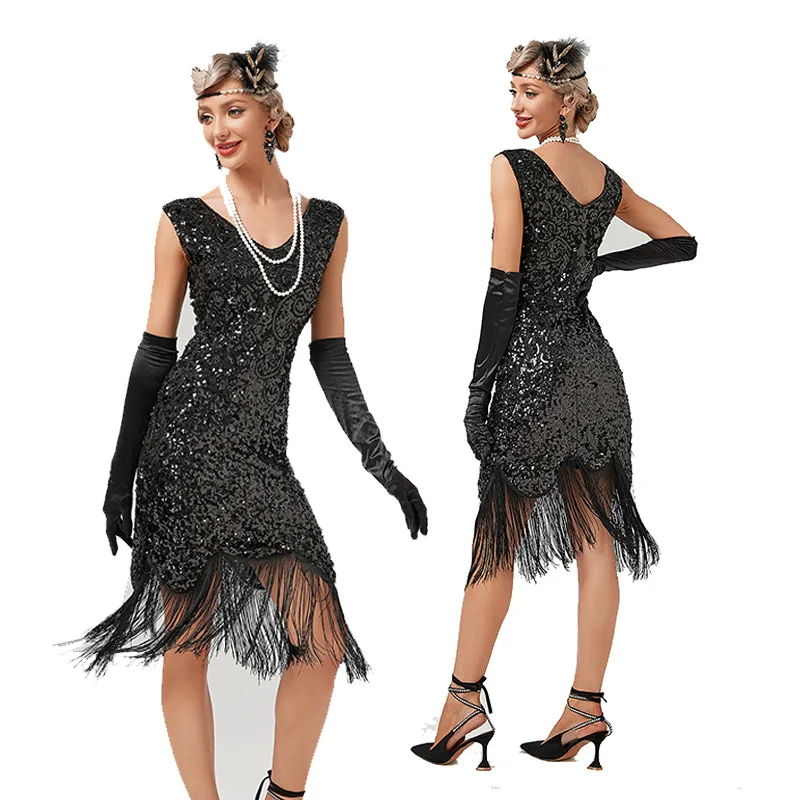 1pcs/lot retro style woman fashion sequin tassel latin dress lady sleeveless cha cha dancing dress