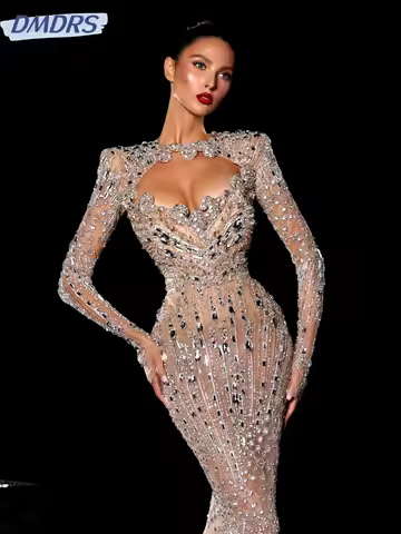 New Arrival Sparkly Beaded Rhinestones Evening Dress Illusion Long Sleeve Prom Dresses Customized Luxurious Wedding Party Gown