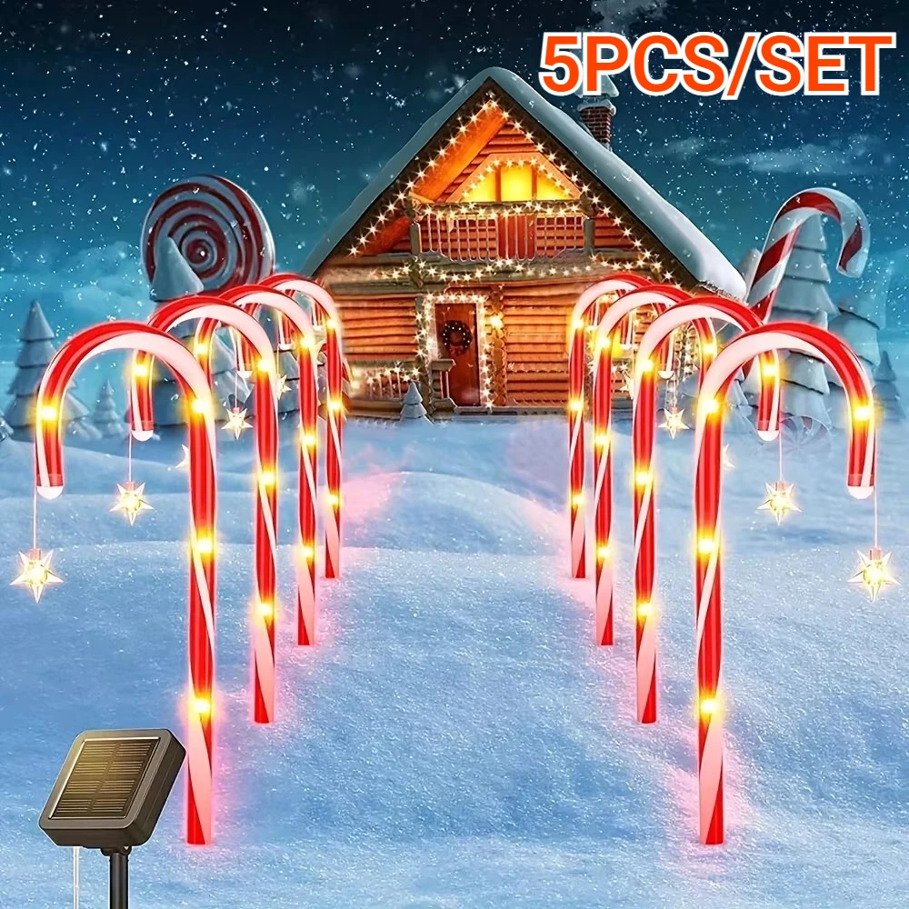 5Pcs/set Solar LED Candy Cane Crutch Light Christmas Outdoor Garden Pathway Lawn Festival Xmas New Year Candy Decor Colored Lamp