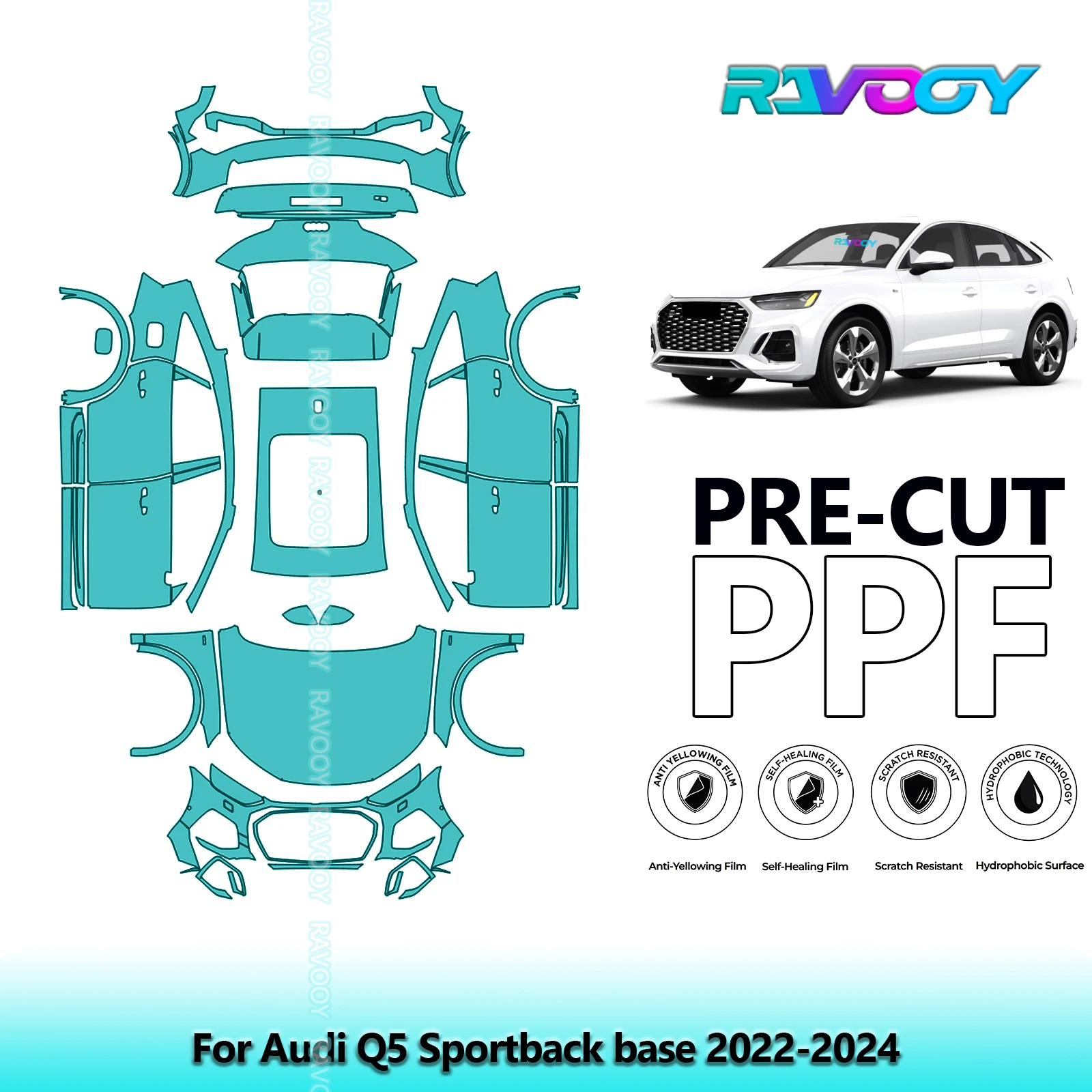 RAVOOY Custom-Fit Precut TPU PPF Full Vehicle Clear Bra Stone Guard EU UK For Audi Q5 Sportback base 2022-2024