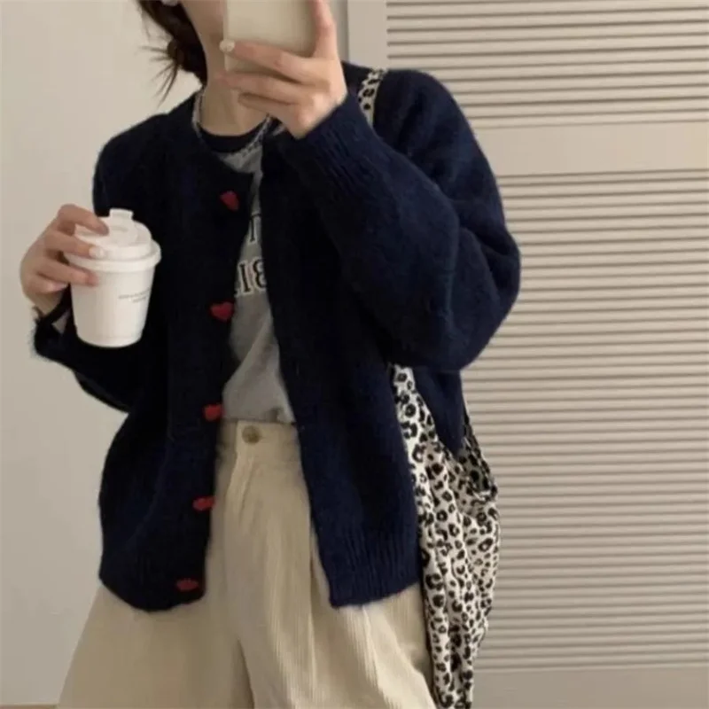 

2025 Deep Grey Wool Knitted Cardigan For Women In Autumn Winter Soft And Sticky Warm Love Buckle Shoulder Sleeves