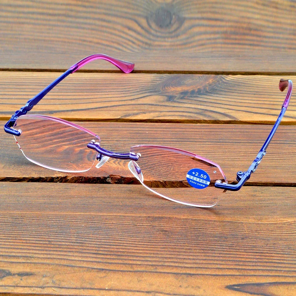 

Rectangle Purple Frame Rimless Light Spectacles Multi-coated Red Lenses Fashion Reading Glasses +0.75 To +4