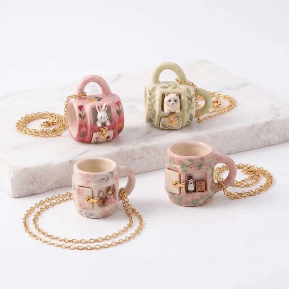 Lightweight Miniature Mug Pendant Necklace Alloy Floral Ceramic Necklace Bunny Cat Micro Scene Cartoon Jewelry Christmas Gift