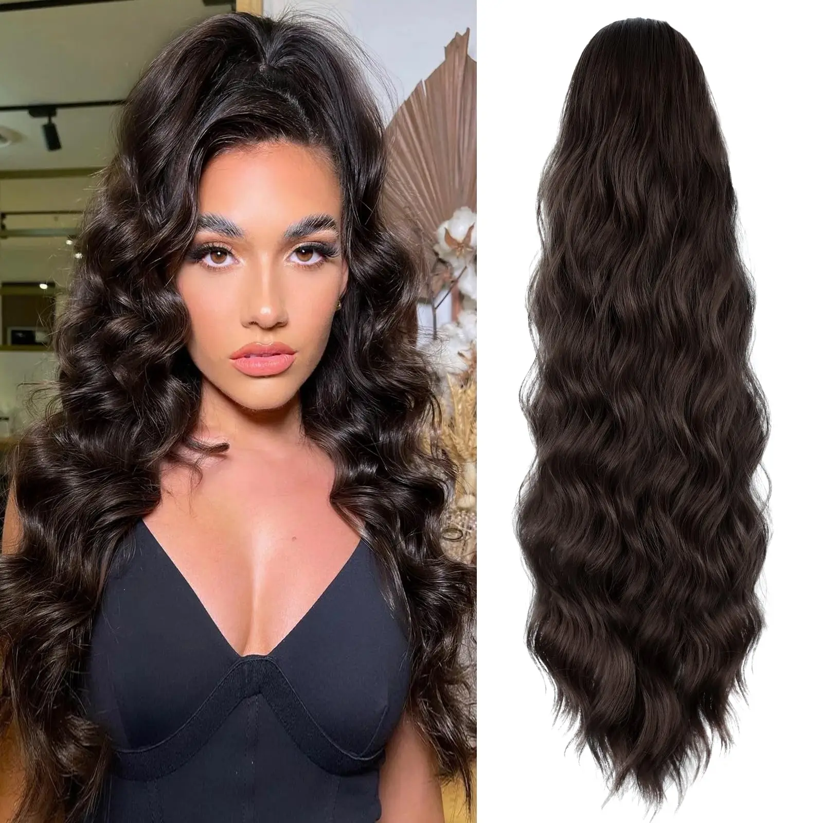 24 Inch Lange Golvende Trekkoord Paardenstaart Voor Vrouwen Donkerbruine Pony Tail Haarverlenging Synthetisch Haarstuk Voor Dagelijks Gebruik Synthetisch