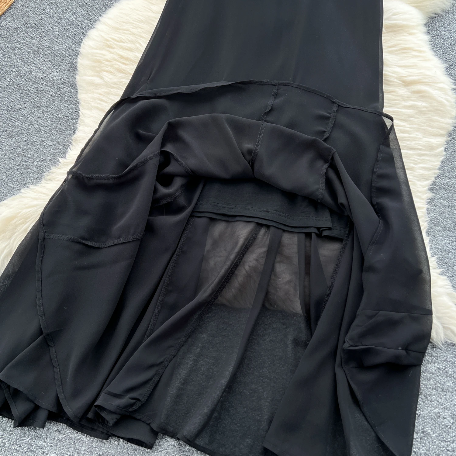 Vestido preto longo para mulheres, costura em malha, elegante vestido de festa para noite chique, duas camadas, verão e outono, novo, 2022