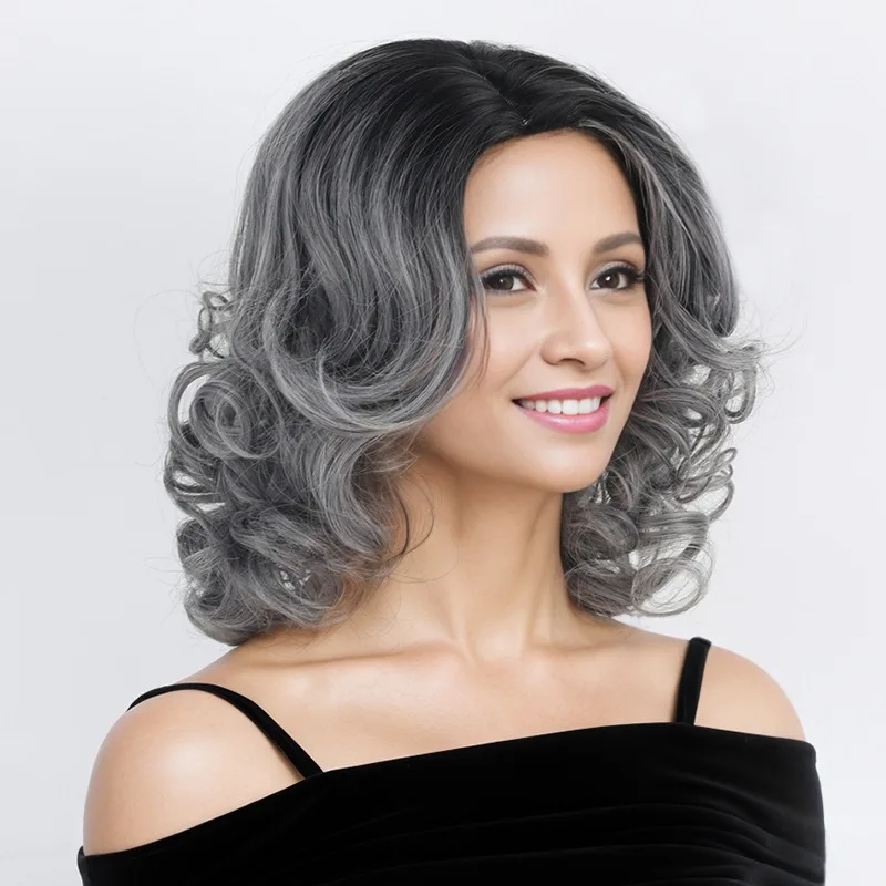 Woman Fashion Short Curly Hair Ball Dress Up Headwear Grandma Grey Shoulder Length Hair Headgear Concert Lady Chemical Fiber Wig
