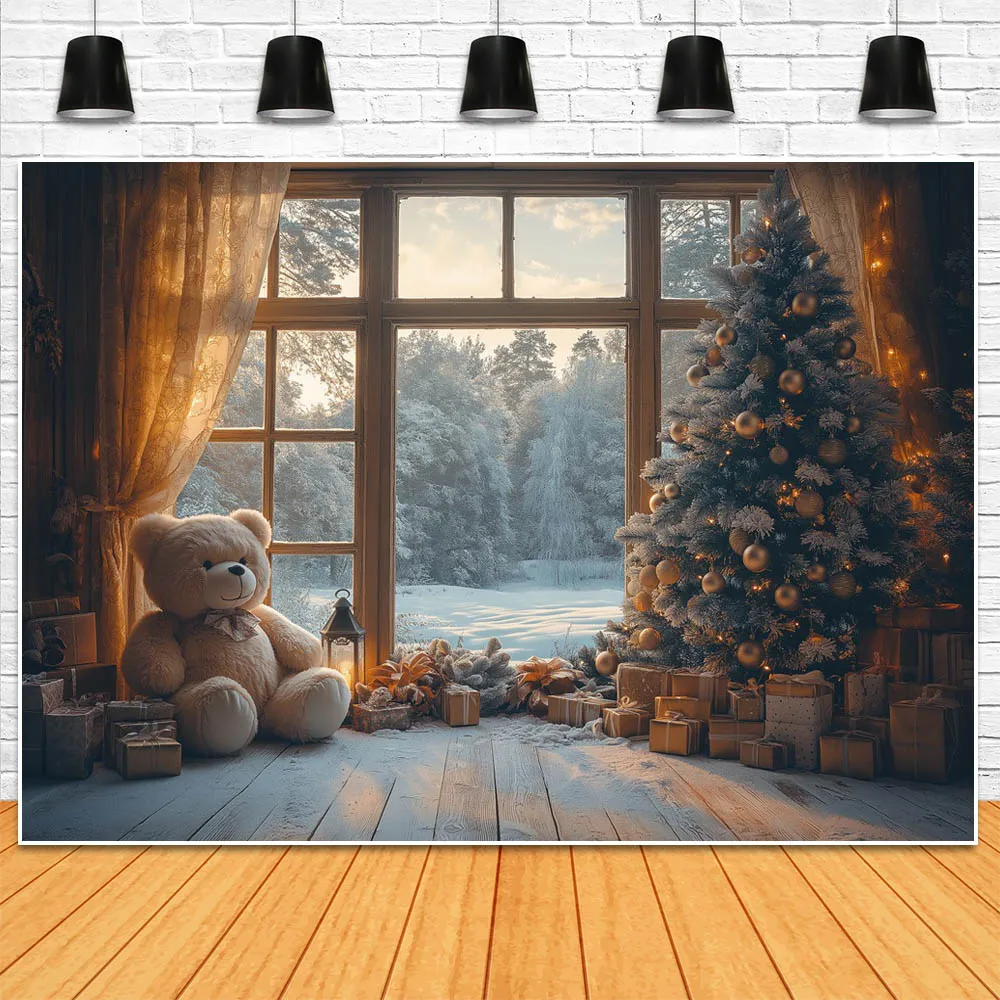 Mocsicka Christmas Backdrops for Photography Snow Forest Outside The Window Winter Xmas Tree Bear Doll Children Photo Background