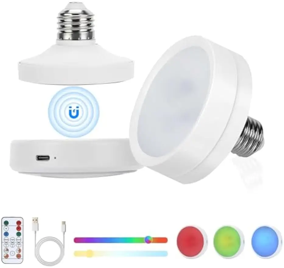 Lightess 2 Pack Rechargeable Battery RGB Light Bulbs for Lamps with Remote, Wireless, Battery Powered LED Puck Lights