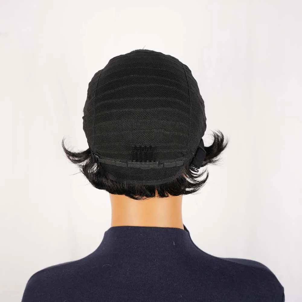 흑인 여성용 짧은 곱슬 픽시컷 인모 가발, 레이어드 브라질리언 레미 헤어, 기계 제작 블랙 컬러 가발 (일상용)