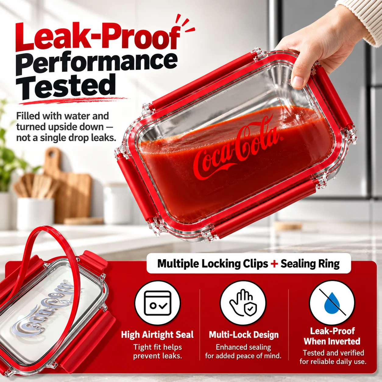 Coca-Cola 304 Stainless Steel Food Storage Container Set Airtight Leakproof Lunch Box with Clear Lid for Meal Prep Office Picnic