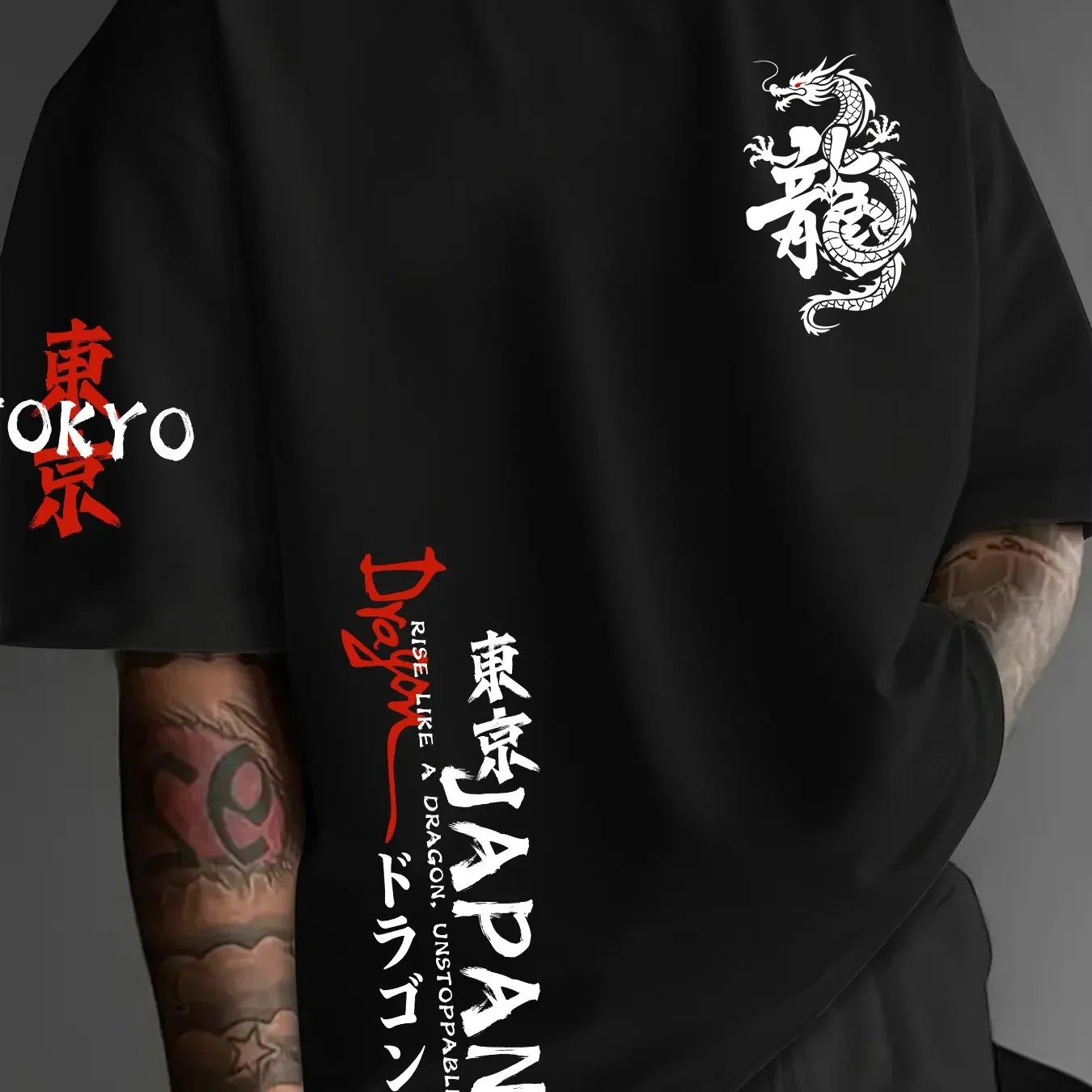 Japanese Kanji Rising Like a Dragon Men's Pure Cotton T-shirt Casual Round Neck Short Sleeved Street Top