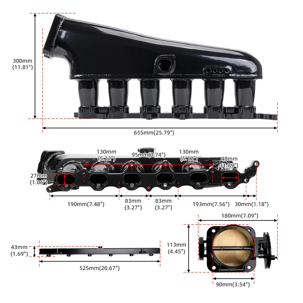 Fully Welded Custom High Flow Intake Manifold Kit with Fuel Rail & 90mm Throttle Body Black Fit Toyota Supra Mk42JZ-GE CR1858-BK