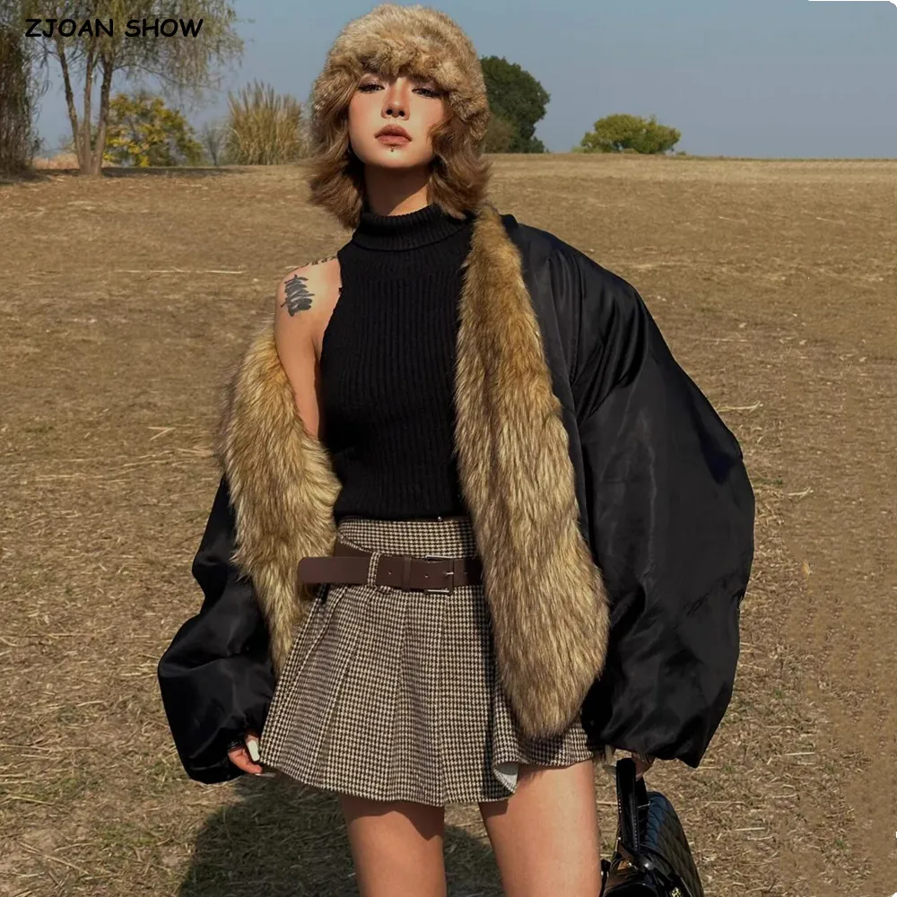 

New Winter Women CHIC Black Spliced Faux Fox Fur Parka Coat No button Long Sleeve Bread Jacket Vintage Oversized Outerwear