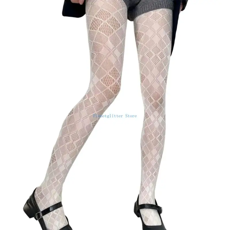 652B Contemporary Lattice Checkered Tights Aesthetic Gothic Sheer Mesh Lace Pantyhose Stockings for Women Hosiery
